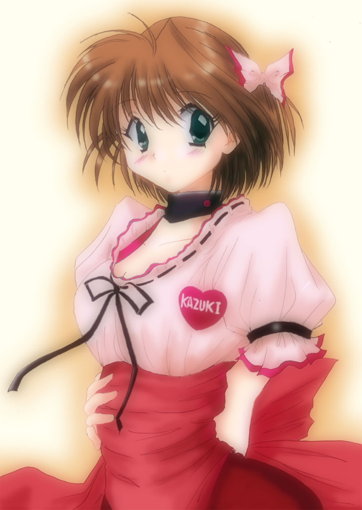 1girl, bow, breasts, brown_hair, choker, dress, green_eyes, hair_ribbon, kakyuusei_2, large_breasts, pink_bow, red_dress, ribbon, sawamura_kazuki, short_hair, solo, waitress, yellow_background