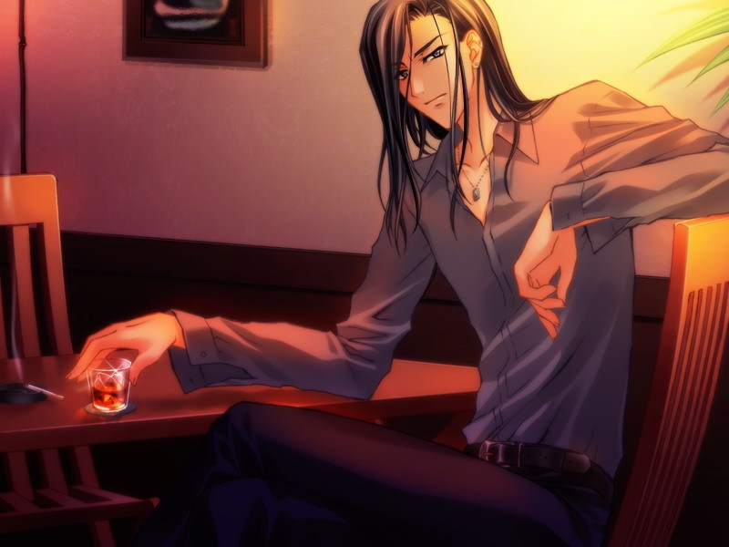 1boy, alcohol, black_hair, carnelian, cigarette, earrings, game_cg, jewelry, long_hair, male_focus, messiah_(game), necklace, ogiwara_kiyosu, ogiwara_shusei, solo, whiskey