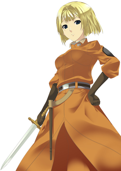1girl, alice_l_malvin, belt, blonde_hair, blue_eyes, bob_cut, frown, gloves
