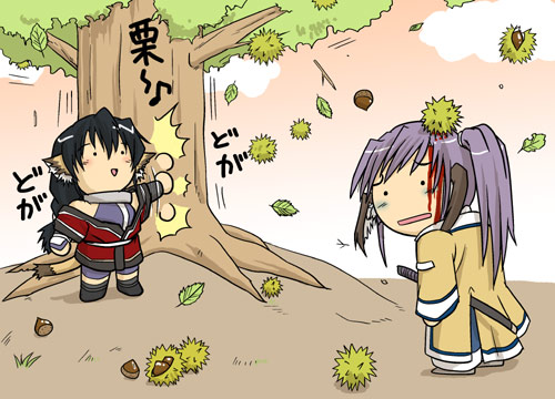 2girls, animal_ears, blood, blood_on_face, chestnut, chibi, head_wings, karura_(utawareru_mono)