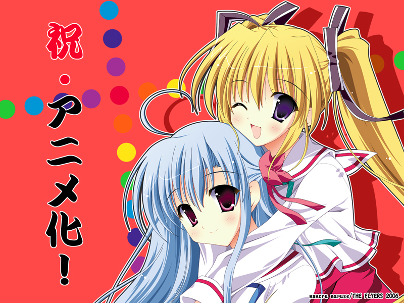 2girls, ;d, ahoge, artist_name, bangs, blonde_hair, blue_hair, blush
