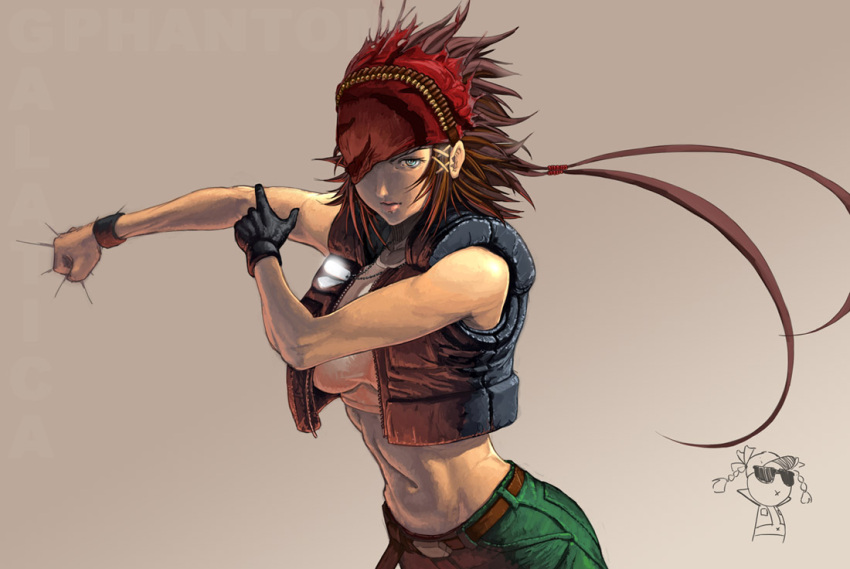 1boy, 1girl, bandanna, belt, blue_eyes, braid, brown_hair, clark_still