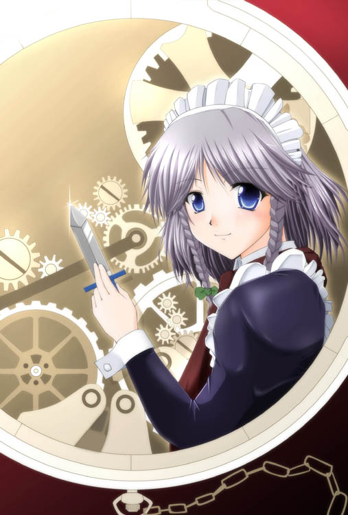 1girl, akatuki_(yamina), braid, clockwork, female, gears, izayoi_sakuya, knife, maid, short_hair, silver_hair, solo, throwing_knife, touhou, twin_braids, weapon