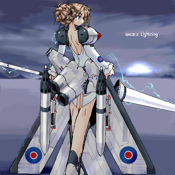 1girl, aircraft, airplane, aliasing, back, electricity, english_electric_lightning, from_behind