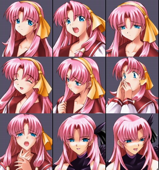 1girl, :d, :o, ^_^, angry, bangs, bare_shoulders, blue_eyes, blush, chart, clenched_hand, close-up, closed_eyes, covering_mouth, expressions, face, grey_background, hair_ornament, hair_ribbon, hair_tubes, hairband, halterneck, hand_over_own_mouth, hands_together, happy, karen_(artist), lipstick, long_hair, looking_at_viewer, looking_away, makeup, musell_classmine, official_art, open_mouth, own_hands_together, parted_bangs, pastel_chime, pink_hair, ribbon, sad, school_uniform, serafuku, shirt, sidelocks, simple_background, smile, solo, surprised, tears, turtleneck