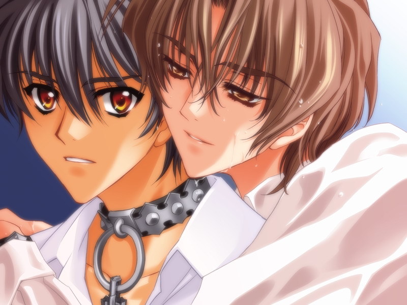 2boys, black_hair, brown_eyes, brown_hair, carnelian, chains, collar, dress_shirt