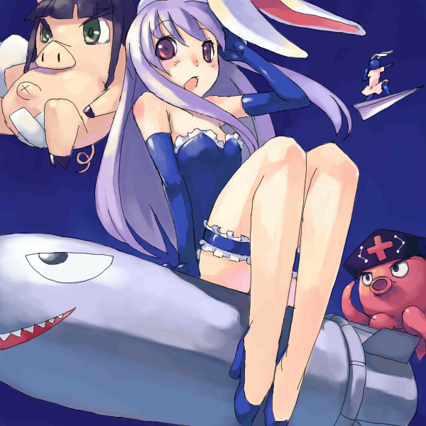 animal_ears, cosplay, crossover, elbow_gloves, flat_chest, garters, gloves, high_heels, hikaru_(parodius), hikaru_(parodius)_(cosplay), houraisan_kaguya, houraisan_kaguya_(cosplay), inaba_tewi, inaba_tewi_(cosplay), koitsu, legs, lingerie, long_hair, michael_(parodius), missile, octopus, open_mouth, paper_airplane, parodius, parody, pig, purple_hair, rabbit_ears, reisen_udongein_inaba, shoes, sitting, tako_(plastic_protein), takosuke, touhou, underwear, video_game, violet_eyes, yagokoro_eirin, yagokoro_eirin_(cosplay)