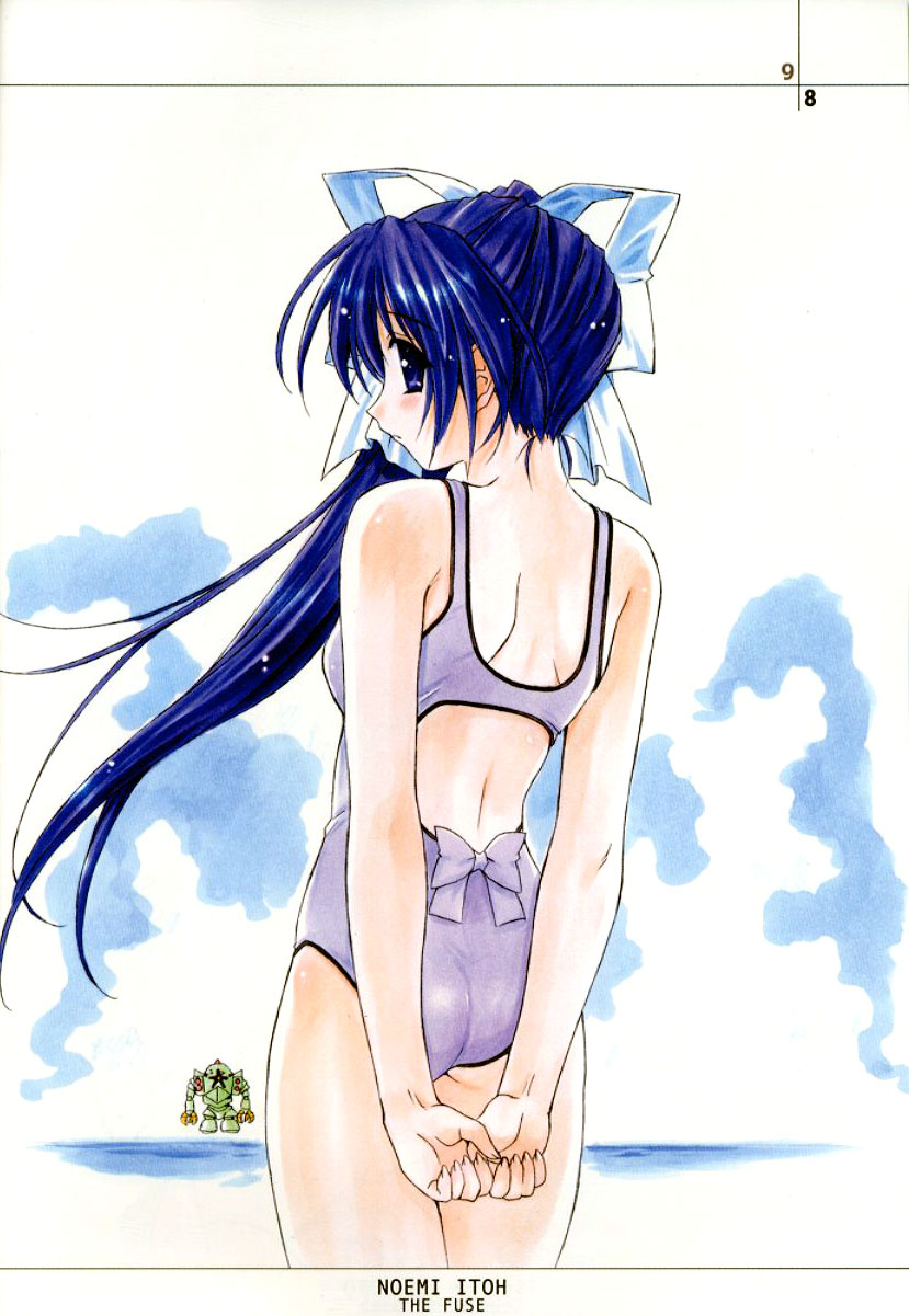 00s, arms_behind_back, ass, back, bare_shoulders, blue_eyes, blue_hair, blush