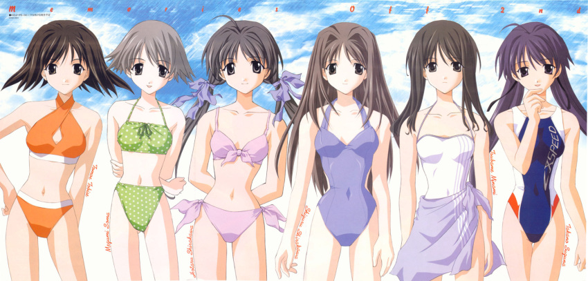 6+girls, ahoge, arms_behind_back, bikini, black_hair, casual_one-piece_swimsuit, cleavage_cutout, competition_swimsuit