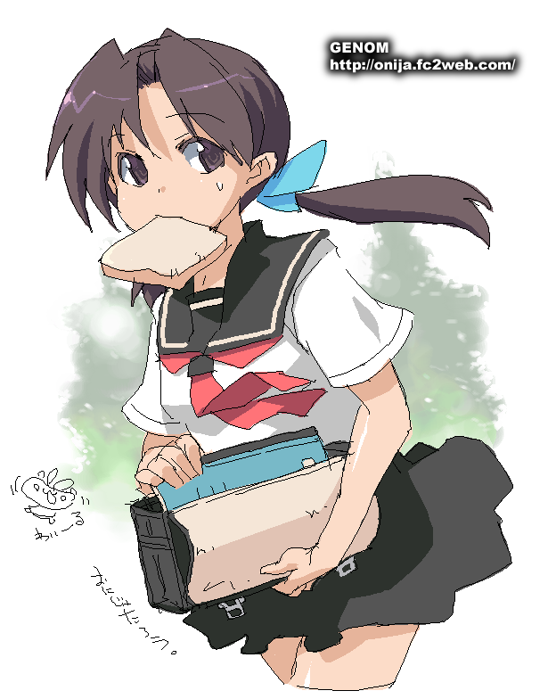 brown_eyes, brown_hair, food, food_in_mouth, genom, long_hair, mouth_hold, oekaki