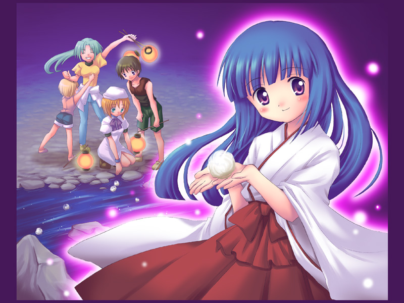 1boy, 4girls, aura, blonde_hair, dobato, furude_rika, hakama, higurashi_no_naku_koro_ni