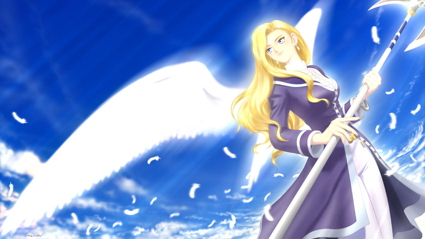 00s, angel_wings, axe, blonde_hair, blue_eyes, feathers, glycine_bleumer, itsuki_torii, polearm, sakura_taisen, sakura_taisen_iii, sky, weapon, wings