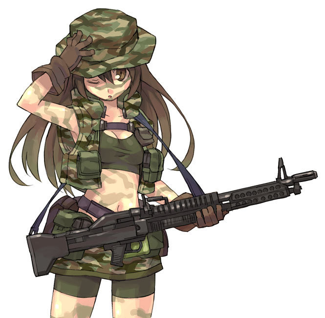 brown_eyes, brown_hair, bucket_hat, camouflage, gun, hat, long_hair, m60, machine_gun, midriff, military, tanaka_(cow), tank_top, vest, weapon, wink