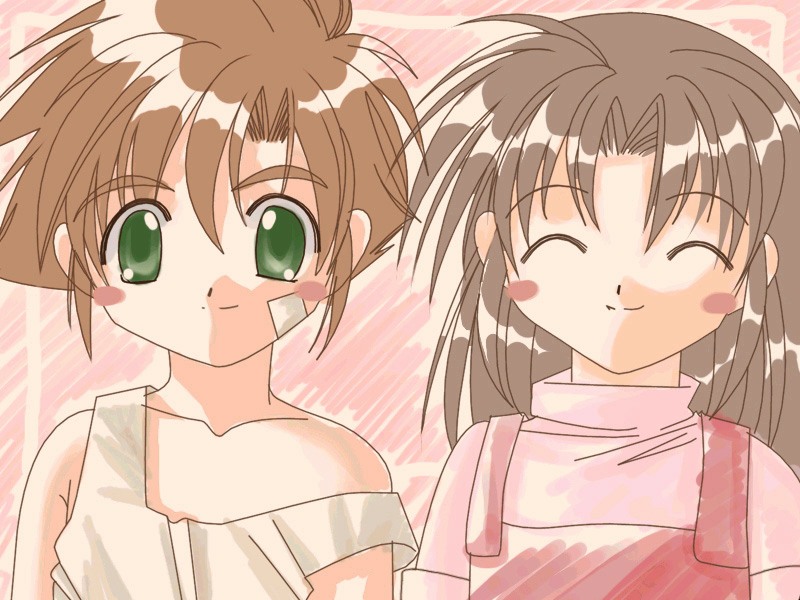 1boy, 1girl, :d, ^_^, bandaid, bandaid_on_face, bare_shoulders, brother_and_sister, brown_hair, closed_eyes, collarbone, green_eyes, izumo, looking_at_viewer, open_mouth, short_hair, short_sleeves, siblings, sleeveless, smile, spiky_hair, tears, touma_hikaru, touma_miyuki, yamamoto_kazue
