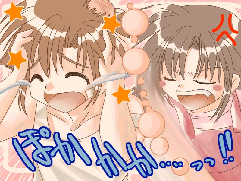 1boy, 1girl, :d, anger_vein, bandaid, bandaid_on_face, bare_shoulders, brother_and_sister