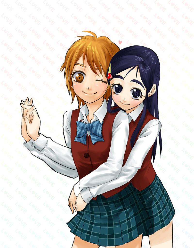 00s, 2girls, blue_bow, bow, brown_eyes, brown_hair, futari_wa_precure, long_hair