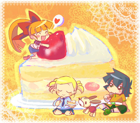 3girls, ^_^, akazutsumi_momoko, blonde_hair, blush_stickers, cake, cartoon_network, closed_eyes