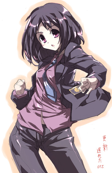 1girl, card, enomoto_miyuki, formal, holding, holding_card, necktie, pant_suit