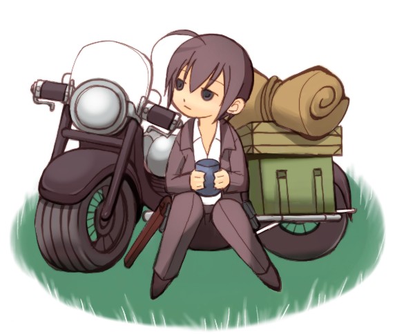 00s, 1girl, androgynous, chibi, coffee, ground_vehicle, hermes, kino