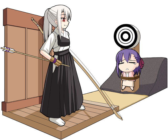 2girls, archery, arrow, bow_(weapon), chibi, duplicate, fate/stay_night, fate_(series)