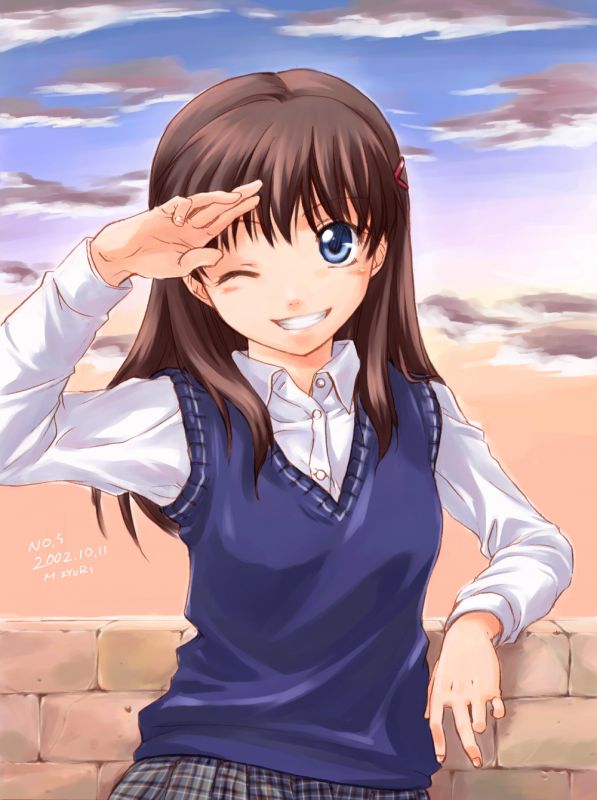 00s, 1girl, 2002, blue_eyes, brick_wall, brown_hair, clouds, dated, long_hair, misaki_juri, one_-_kagayaku_kisetsu_e, one_eye_closed, school_uniform, seashore, signature, sky, smile, solo, sunset, sweater_vest, uniform, wink, yuzuki_shiiko