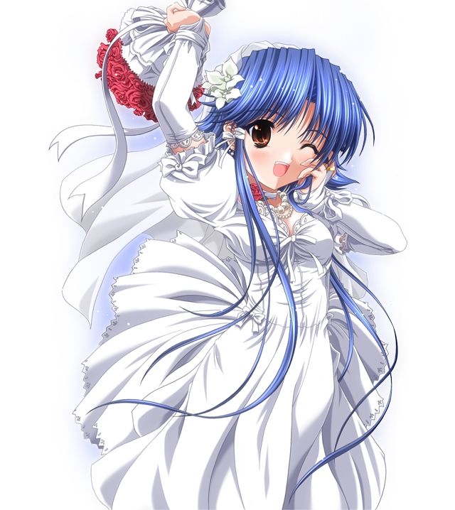 1girl, blue_hair, dress, katsuragi_kao, miyama-zero, princess_bride, solo, wedding_dress