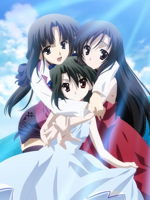 00s, 3girls, black_hair, bow, brown_eyes, brown_hair, dress, katsura_kotonoha