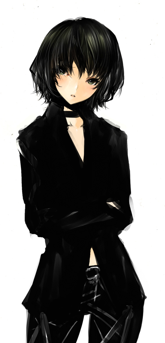 1girl, androgynous, belt, black_hair, black_suit, brown_hair, crossdressinging, flat_chest
