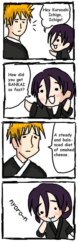 4koma, bleach, cheese, comic, hair_between_eyes, hard_translated, kuchiki_rukia, kurosaki_ichigo