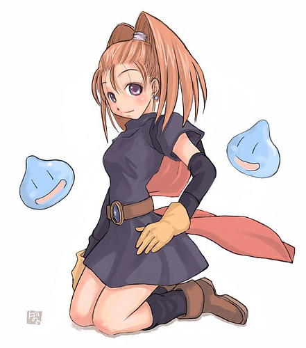 1girl, :d, ankle_boots, bangs, barbara, belt, black_legwear, blue_skin, blush, bonoramo, boots, breasts, cape, dragon_quest, dragon_quest_vi, dress, earrings, elbow_gloves, forehead, gloves, hand_on_hip, high_ponytail, jewelry, jumping, kneehighs, kneeling, light_smile, looking_at_viewer, looking_back, lowres, monster, open_mouth, orange_hair, ponytail, profile, redhead, resized, scrunchie, shadow, short_dress, short_sleeves, signature, simple_background, slender_waist, slime, slime_(dragon_quest), small_breasts, smile, turtleneck, violet_eyes, white_background, |_|