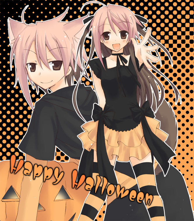 2girls, animal_ears, asou_asuna, cat_ears, female, halftone, halftone_background, halloween