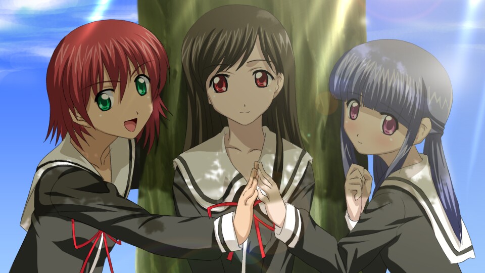 3girls, against_tree, amamiya_sayuri, black_hair, blue_hair, blush, green_eyes, kasuga_tsukasa