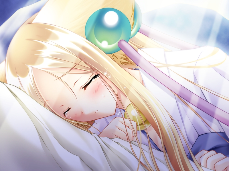 1girl, animal_ears, bed, blonde_hair, blush, closed_eyes, fox, fox_ears, game_cg, long_hair, louis, louis&amp;visee, lying, on_side, orbit, sleeping, solo, soro_(tail_tale), tail_tale, tears