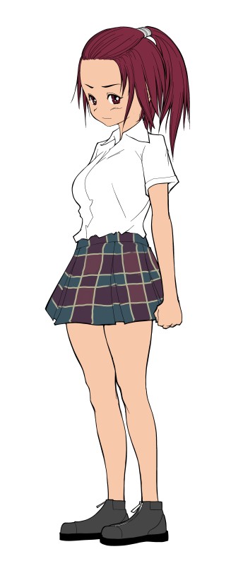 1girl, ankle_boots, blush, boots, brown_eyes, brown_hair, checkered, checkered_skirt