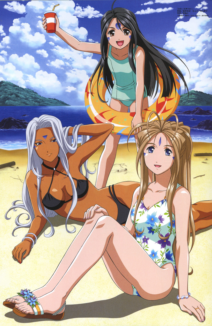3girls, 90s, :d, aa_megami-sama, absurdres, adjusting_hair, ahoge, antenna_hair