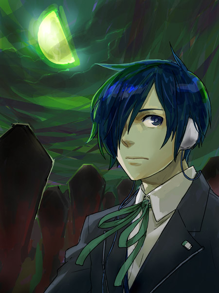 1boy, arisato_minato, atlus, blue_hair, earphones, hair_over_one_eye, headphones, karakuri_chouchou