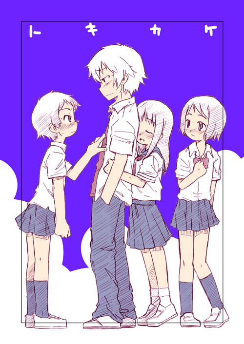 1boy, 3girls, blue_skirt, blush, bow, bowtie, character_request, closed_eyes