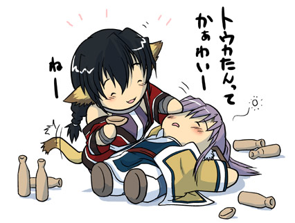 2girls, alcohol, animal_ears, blush, chibi, drunk, head_wings, karura_(utawareru_mono)