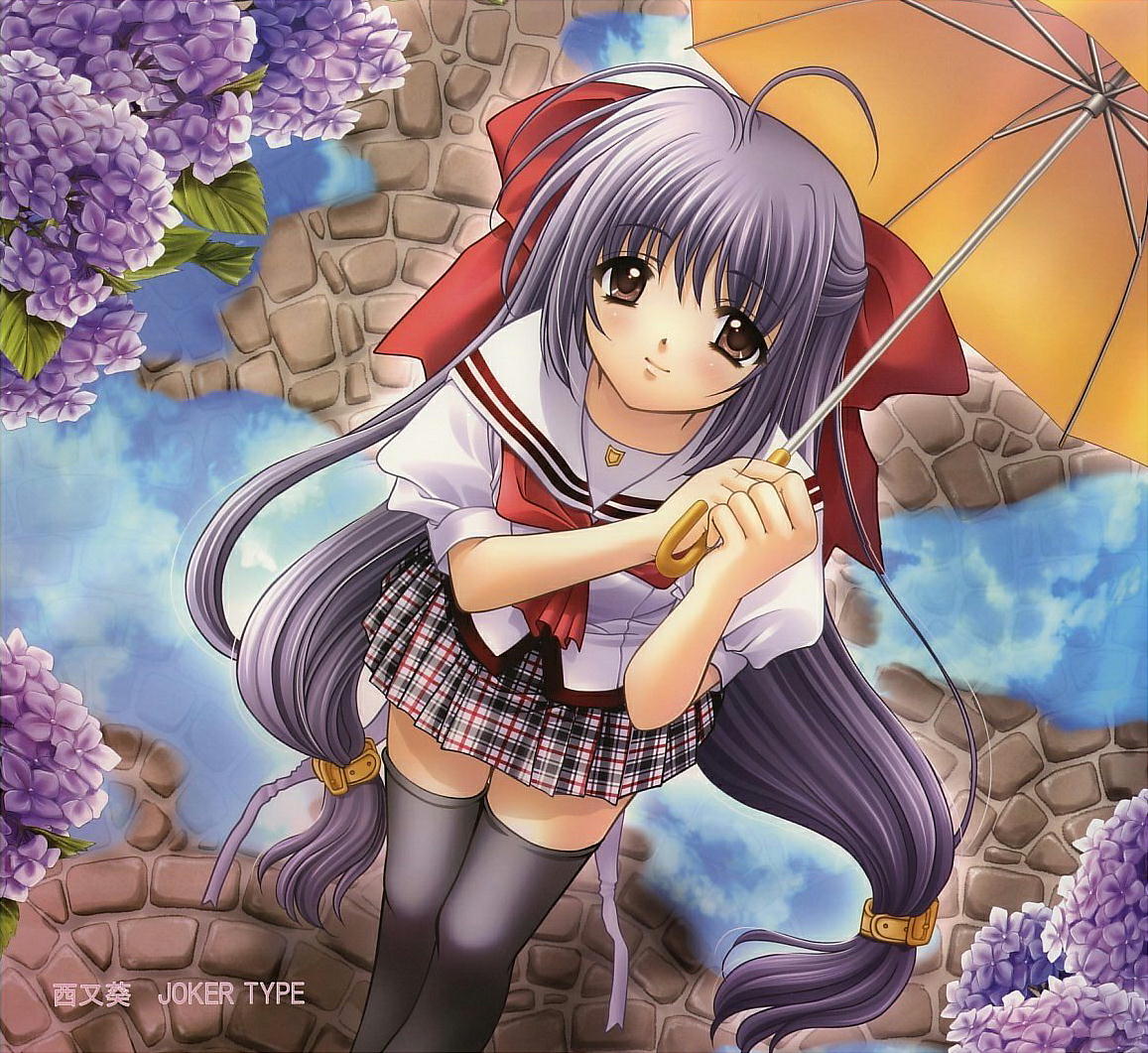 1girl, flower, hydrangea, navel, nishimata_aoi, outdoors, really?_really!, school_uniform