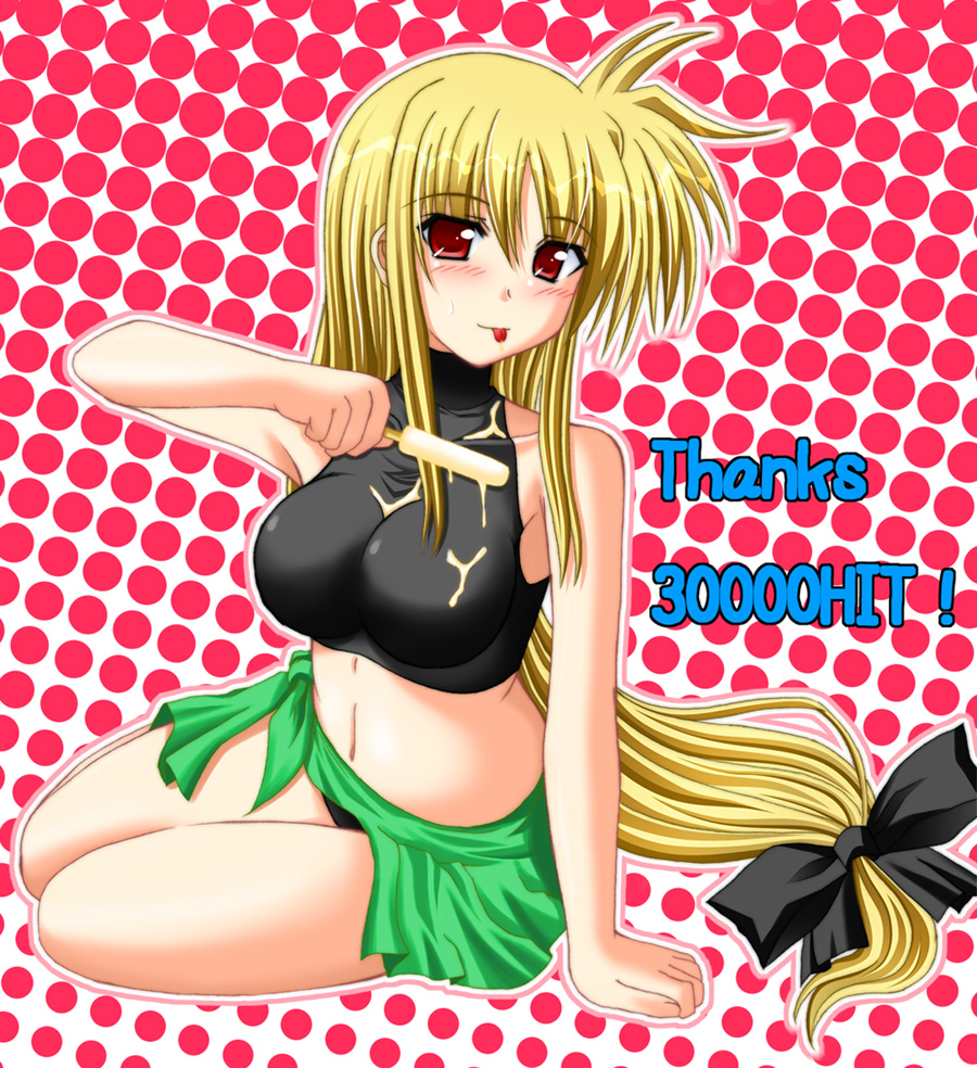 1girl, blonde_hair, blush, breasts, fate_testarossa, food, hits, large_breasts