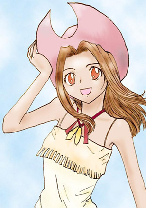 1girl, brown_hair, cowboy_hat, digimon, digimon_adventure, female, fringe, hand_on_headwear, hat, lowres, pink_hat, smile, solo, stampede_string, tachikawa_mimi, western