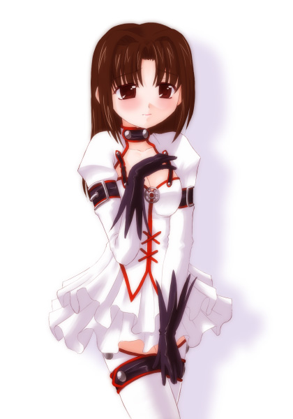 1girl, blush, breasts, brown_eyes, brown_hair, choker, cleavage, dress