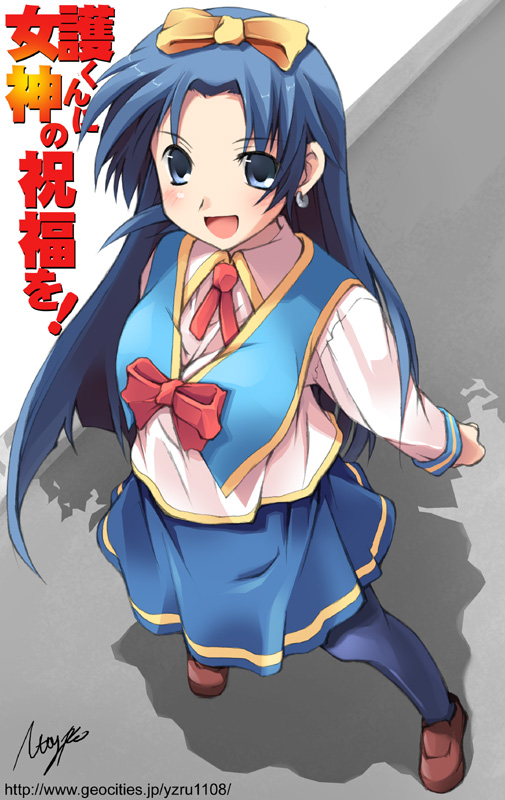 1girl, blue_eyes, blue_hair, blue_legwear, blue_skirt, bow, brown_shoes, earrings