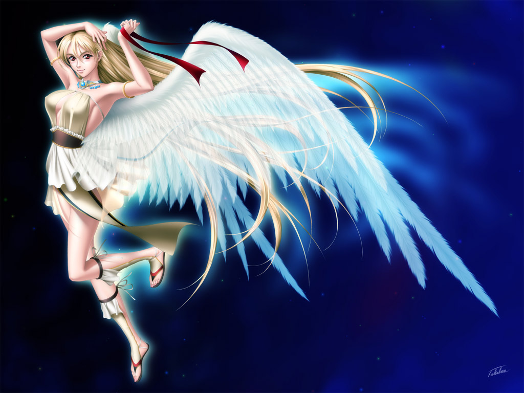 1girl, blonde_hair, breasts, gradient, gradient_background, large_breasts, original, red_eyes, sharon, solo, takatan, wings, words_worth
