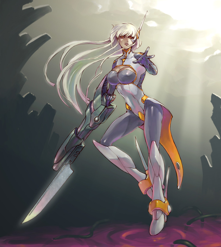 amber_eyes, bodysuit, boots, breasts, cleavage, cleavage_cutout, gloves, gun, highres, long_hair, orange_eyes, original, silver_hair, solo, sword, wakky, weapon, white_hair, yellow_eyes