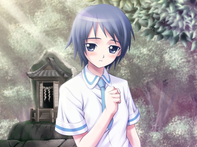 1girl, blue_eyes, blue_hair, cross_channel, game_cg, kiri_sakura, matsuryuu, necktie