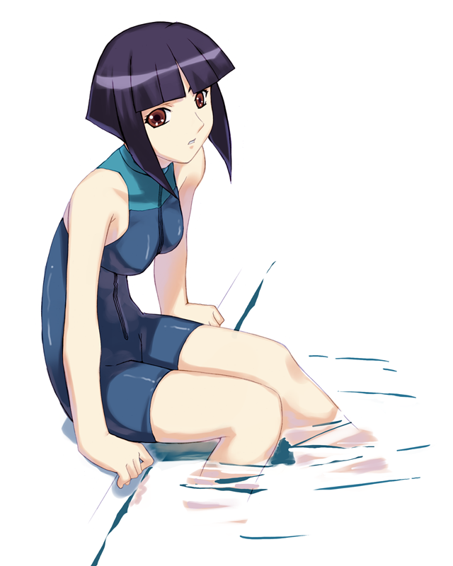 00s, 1girl, bangs, bare_shoulders, blunt_bangs, bob_cut, brown_eyes, competition_swimsuit, ester_ein_astrada, feet_in_water, kenran_butou_sai, latex, murakami_suigun, one-piece_swimsuit, pool, poolside, purple_hair, short_hair, sidelocks, sitting, soaking_feet, solo, swimsuit, water, wetsuit