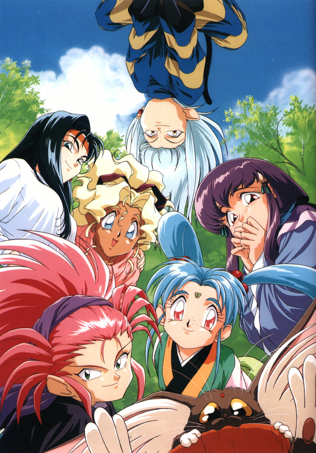 6+girls, 90s, blonde_hair, blue_eyes, blue_hair, carrot, facial_mark, forehead_mark