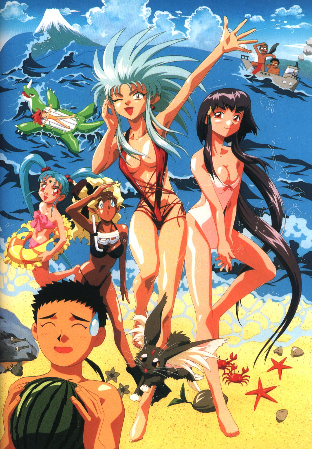 3boys, 5girls, 90s, beach, bikini, black_hair, blonde_hair, blue_eyes