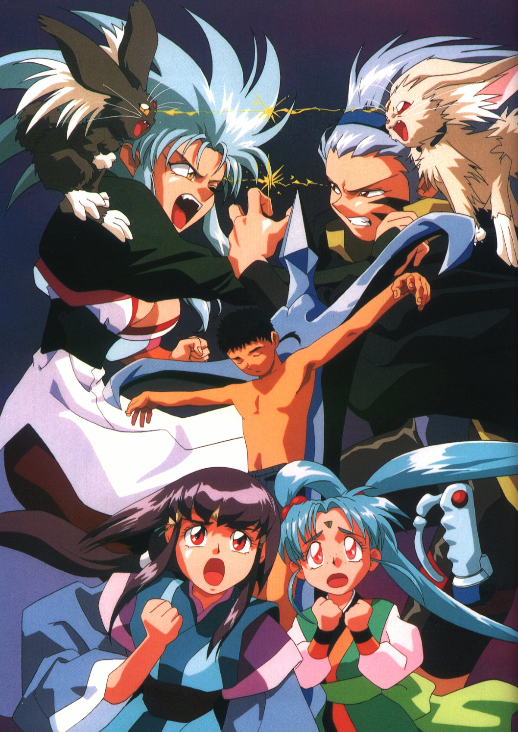 1boy, 4girls, 90s, black_hair, blue_hair, facial_mark, forehead_mark, freckles, highres, ken-ohki, ken-ouki, masaki_aeka_jurai, masaki_sasami_jurai, masaki_tenchi, multiple_girls, nagi_(tenchi_muyou!), pink_eyes, purple_hair, red_eyes, ryou-ouki, ryouko_(tenchi_muyou!), spiky_hair, tenchi_muyou!, tenchi_muyou!_uchuu_hen, twintails, yellow_eyes